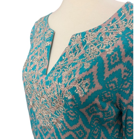 INC International Concepts embroidered tunic top size large turquoise tan gold - Picture 7 of 9
